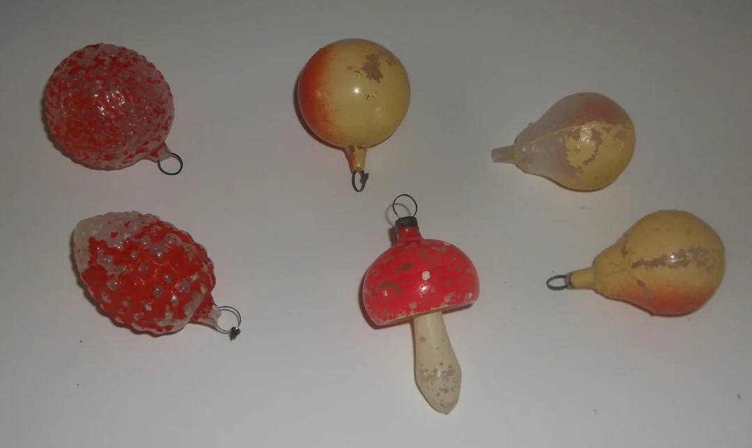 Antique Miniature Feather Tree Glass Fruit Christmas Ornaments & Mushroom | Etsy (US)