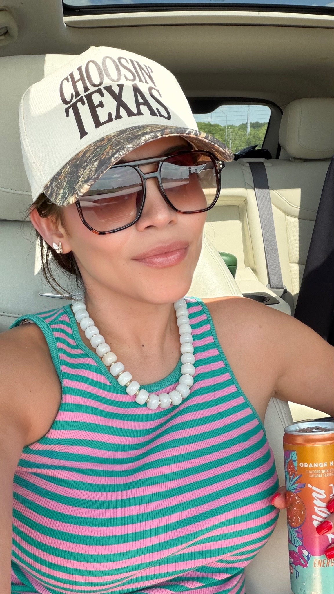 Choosing Texas hat 
Beaded necklace 
Butterfly earrings 
Oversized sunglasses 
Striped tank top 
Summer outfit 
Amazon finds

#LTKdayinmylife