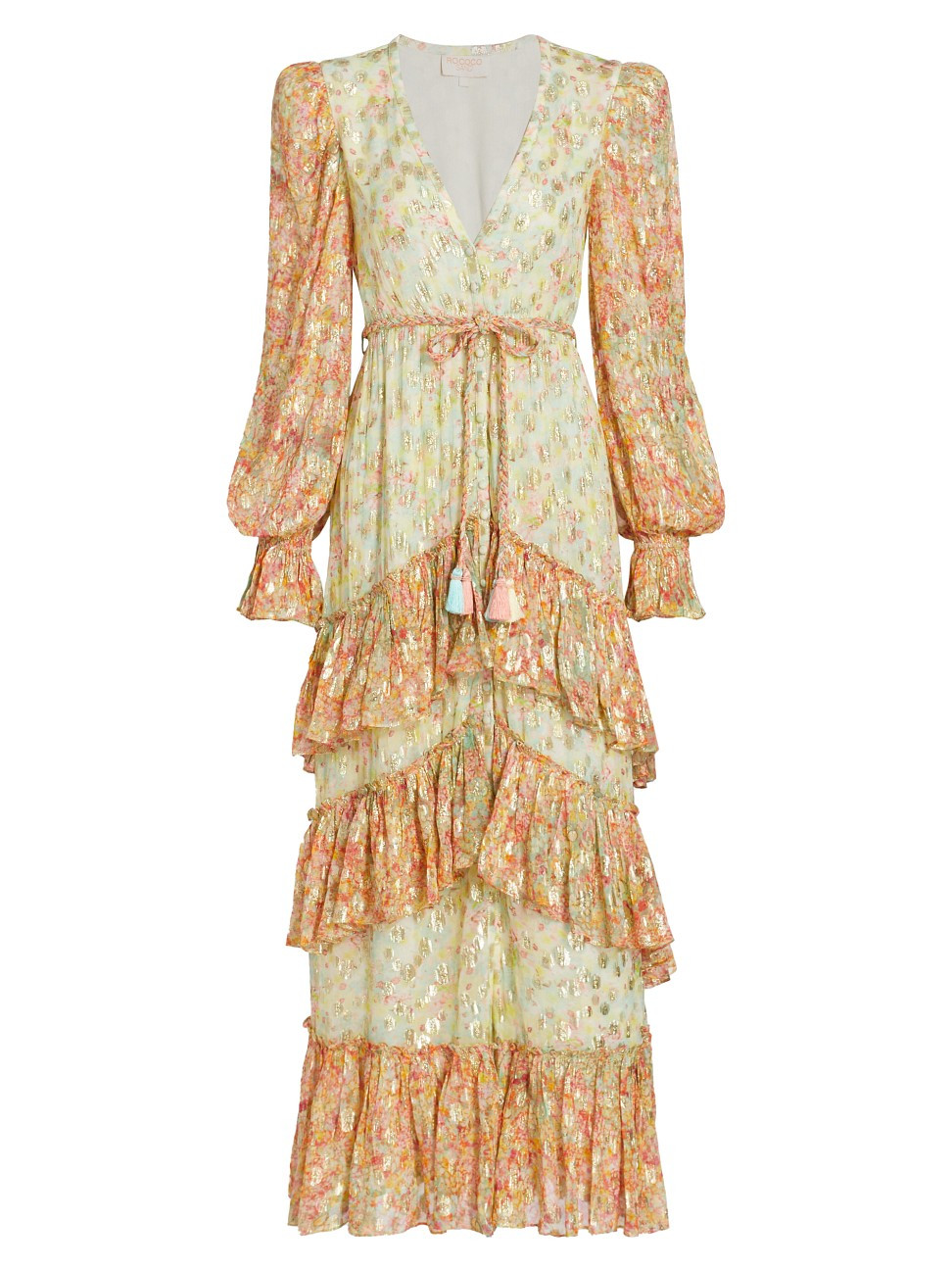 Women's V-Neck Ruffle Braided-Belt Maxi Dress - Lime Peach - Size Small - Lime Peach - Size Small | Saks Fifth Avenue