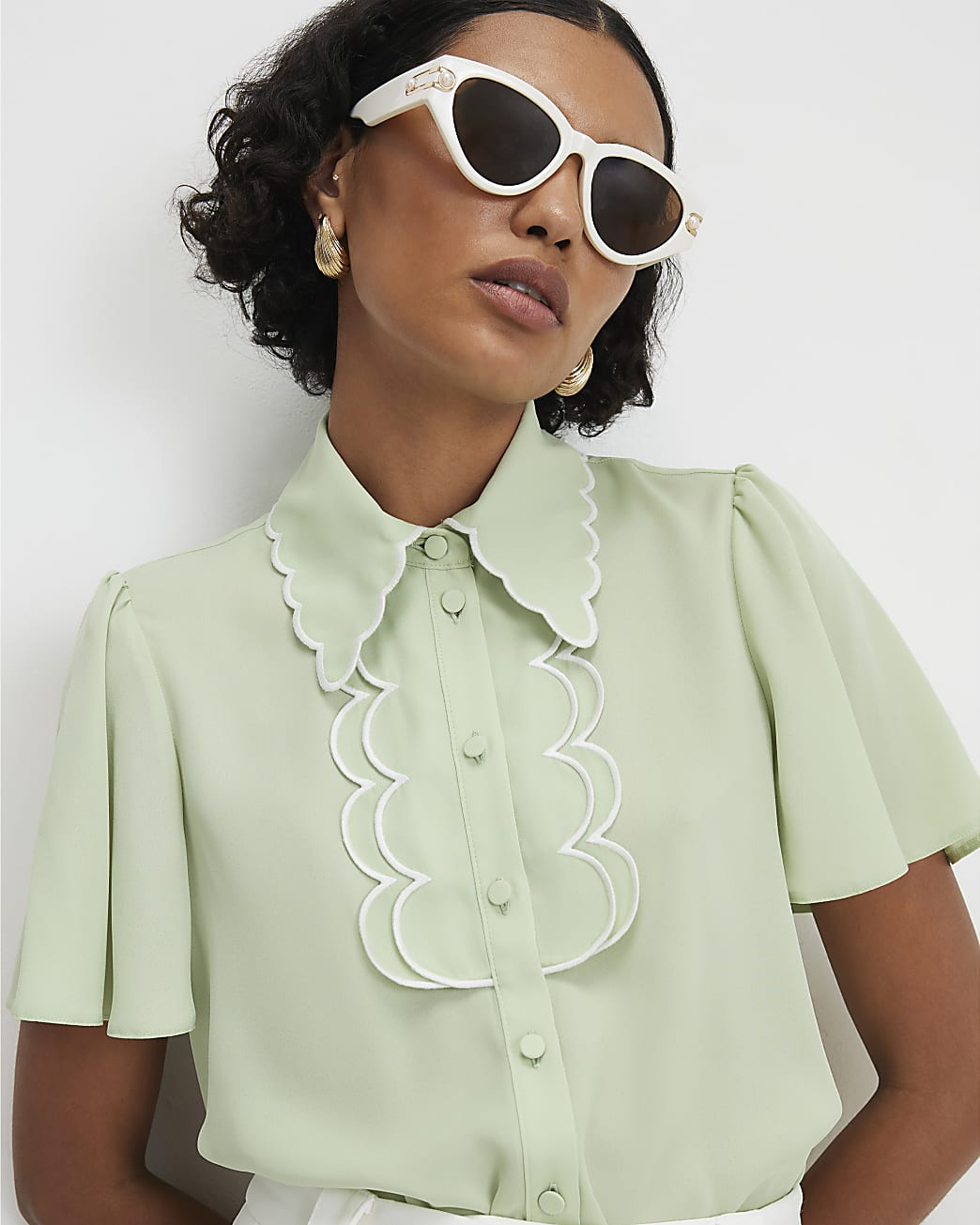 Green Angel Sleeve Scallop Top | River Island UK & IE
