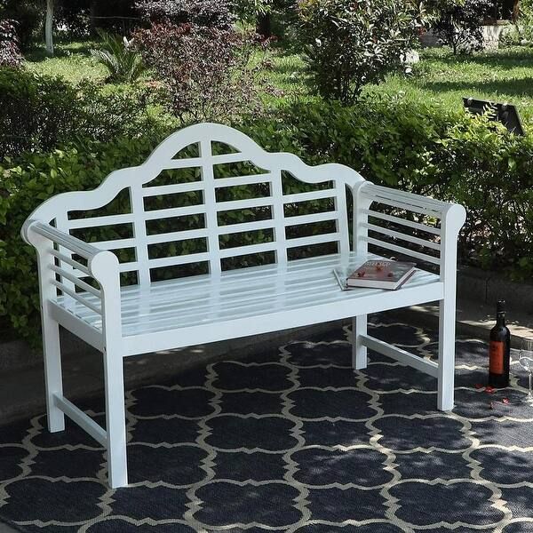 Phi Villa Patio Acacia Wood Bench with Backrest and Armrests - White | Bed Bath & Beyond