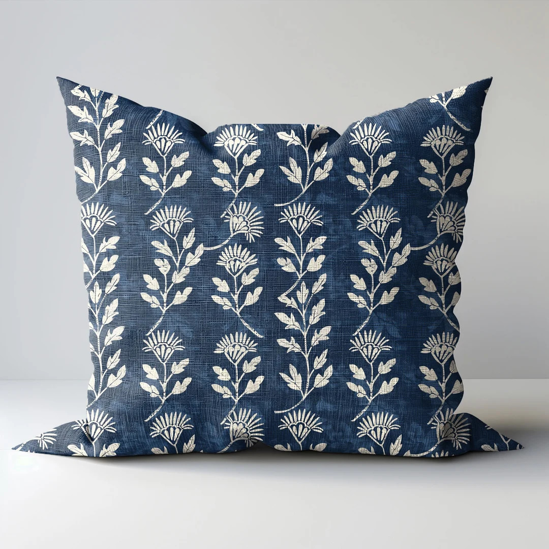 Modern Indigo Linen Floral Pillow Cover, White Blue Boho Pillow Block Print on Linen, Coutrynome ... | Etsy (Global)
