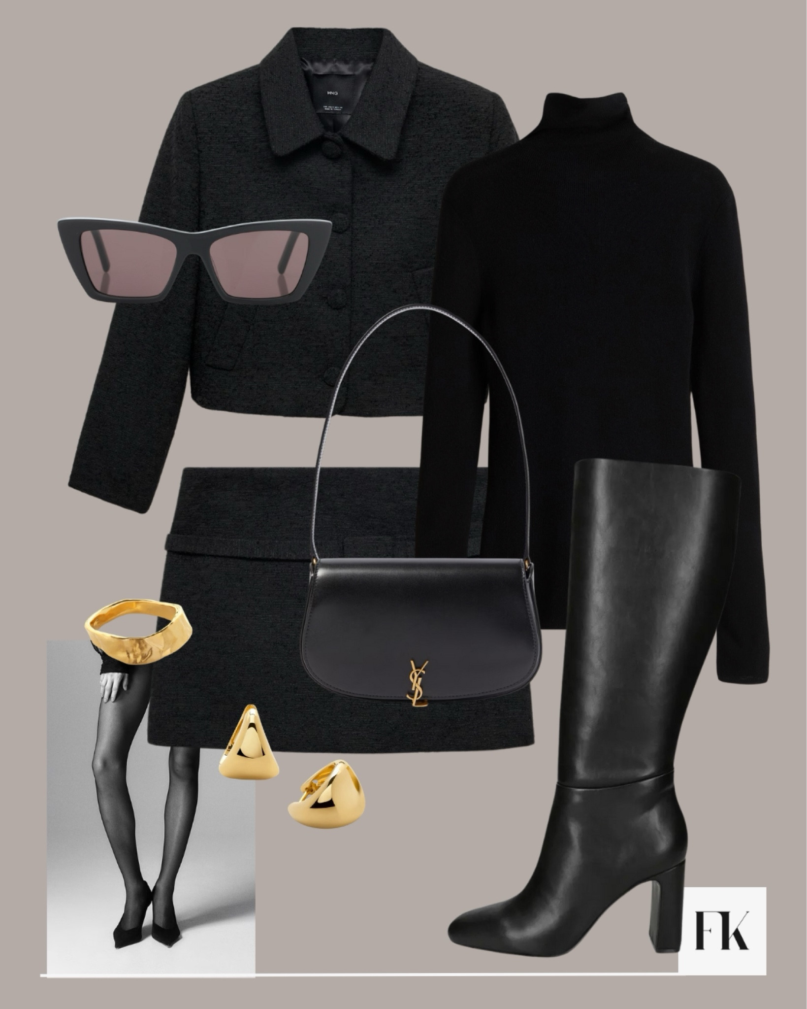 All black chic autumn outfit with this black tweed Mango skirt co ord 🖤 styled with knee high boots, Saint Laurent black accessories and gold jewellery 

#FashionMonth #LTKautumn #LTKstyletip