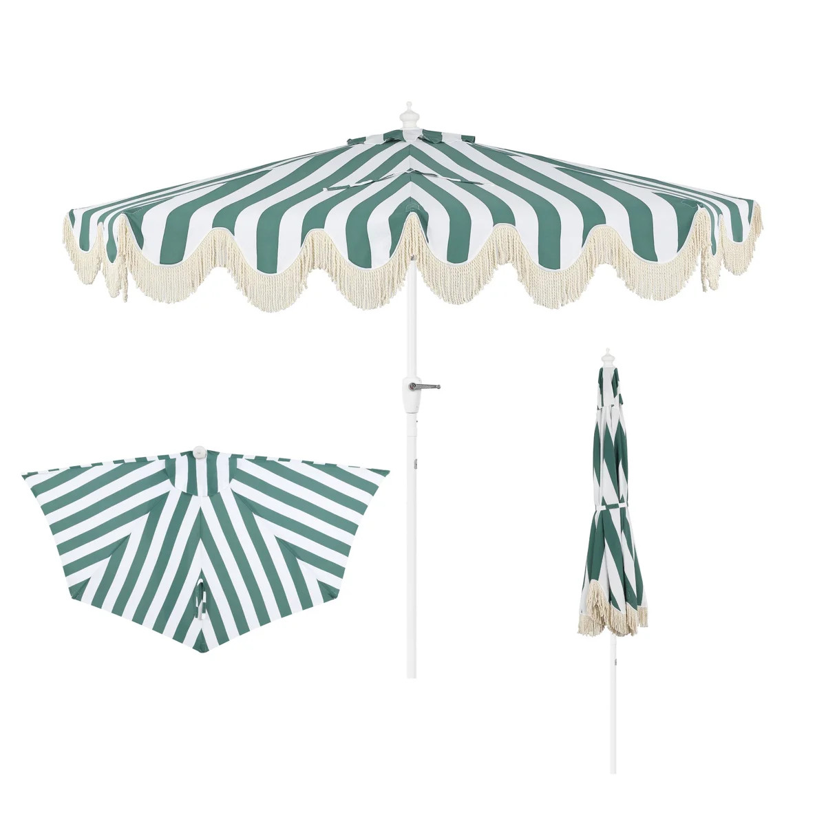 Beverly 9 ft. Coastal Space-Saving Half Patio Umbrella with Scalloped Fringe, Crank & Tilt, Green... | Wayfair North America