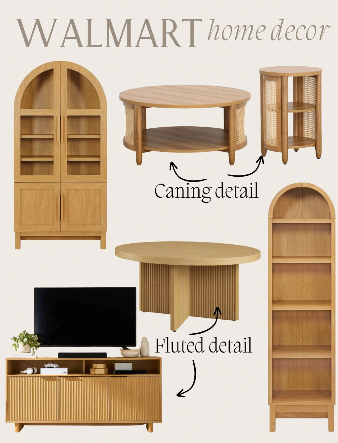 Home decor finds from @walmart
High end look at affordable prices

Arched cabinet 
Arched shelves 
Fluted console table 
Fluted coffee table
Caning detail coffee table
Caving detail end table 

#LTKStyleTip #LTKHome