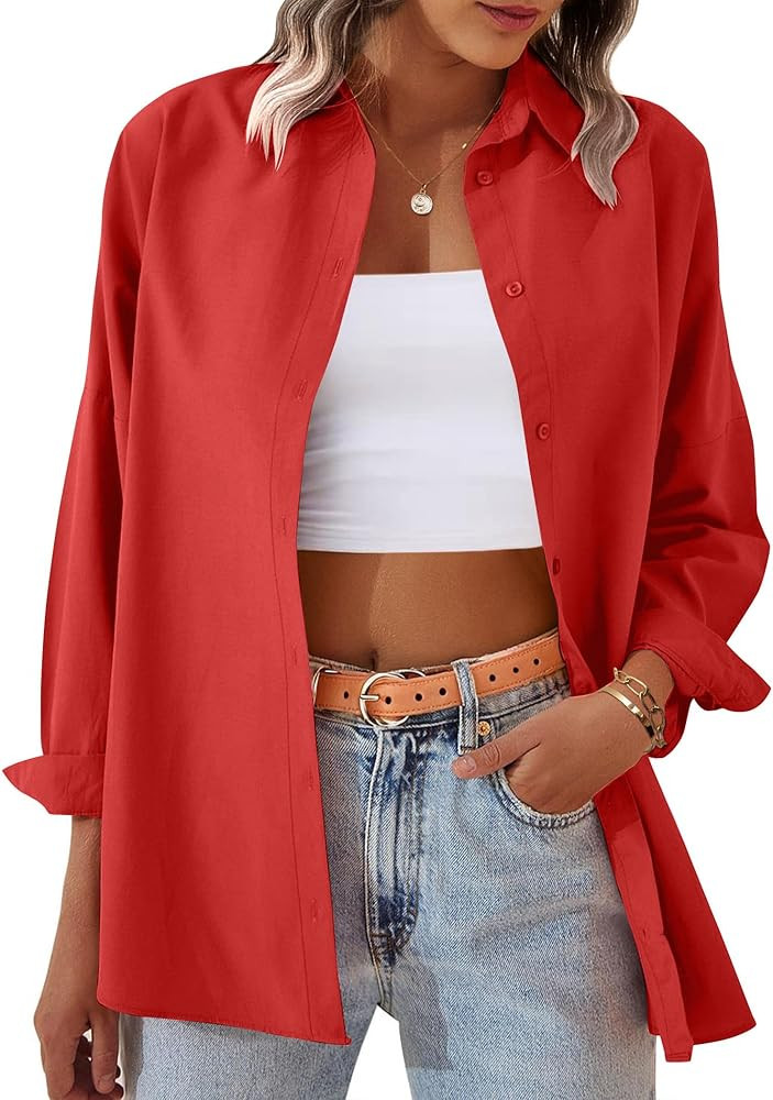 Zeagoo Womens Button Down Shirt Long Sleeve Blouses Solid Work Casual Business Tops Loose Fit Fal... | Amazon (US)