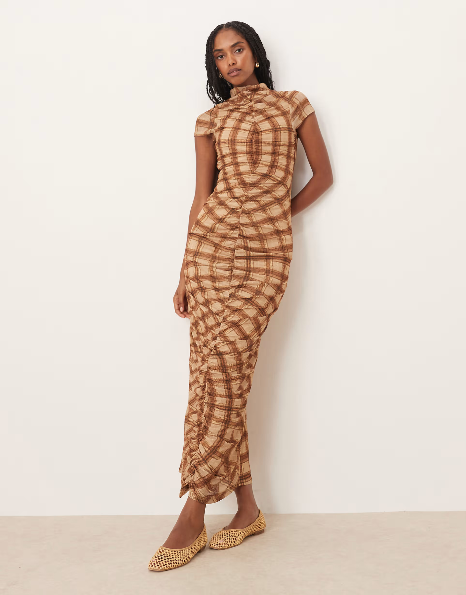 ASOS DESIGN mesh short sleeve ruched midi dress in plaid | ASOS (Global)