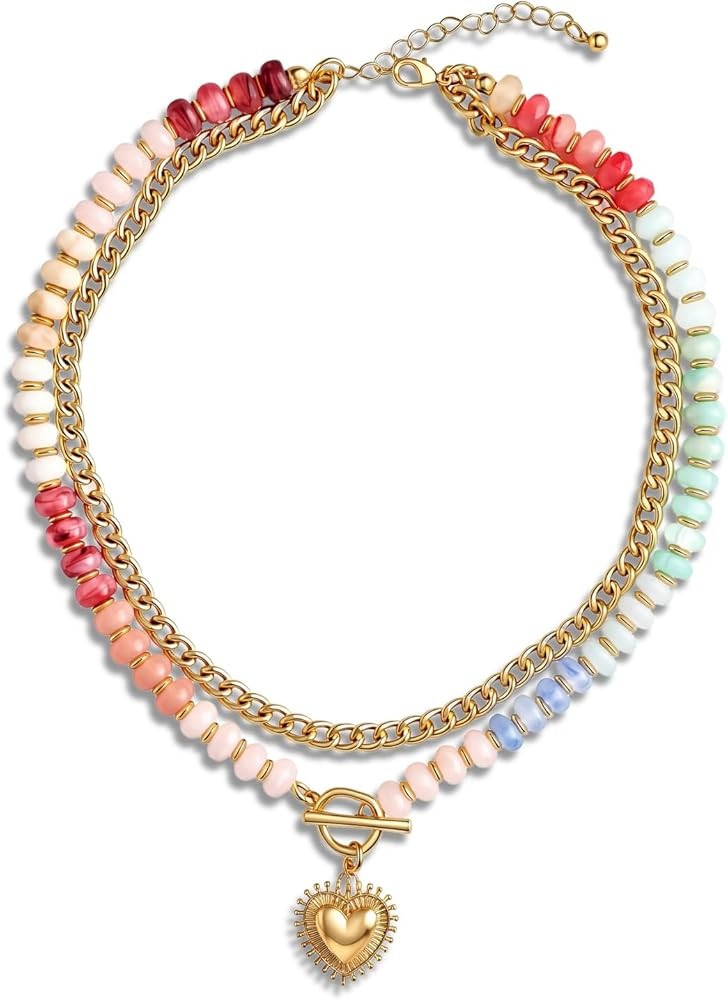Colorful Acrylic Beaded Necklace for Women Gold Heart Pendant Necklace Layered Cuban Chain Beaded Choker Necklaces Boho Beach Jewelry | Amazon (US)