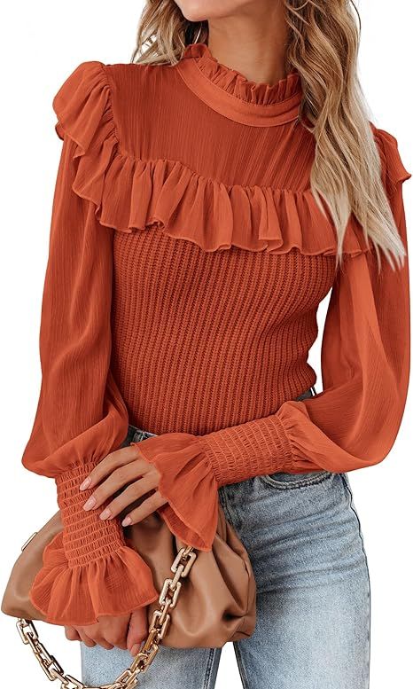 KIRUNDO Womens Fashion Fall Sweaters Ruffle Mock Neck Bell Sleeve Chiffon Patchwork Knit Pullover... | Amazon (US)