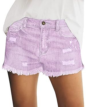 luvamia Women's Casual Mid Rise Denim Shorts Stretch Ripped Raw Hem Jean Shorts | Amazon (US)