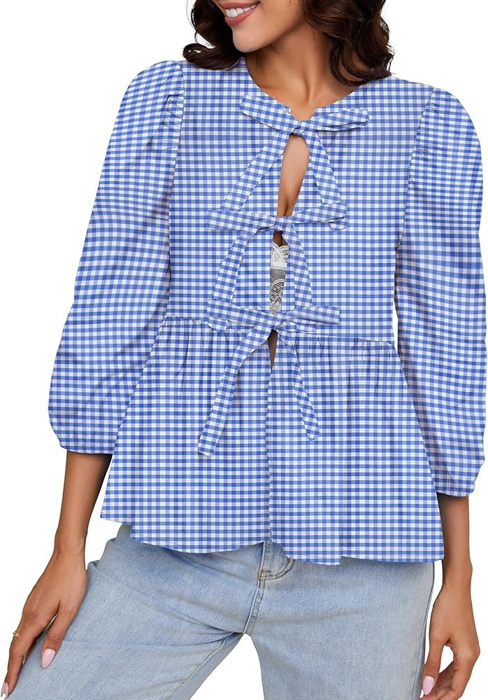 Rapbin Tie Front Tops for Women 3/4 Puff Sleeve Peplum Blouse Summer Cute Ruffle Hem Babydoll Bow... | Amazon (US)