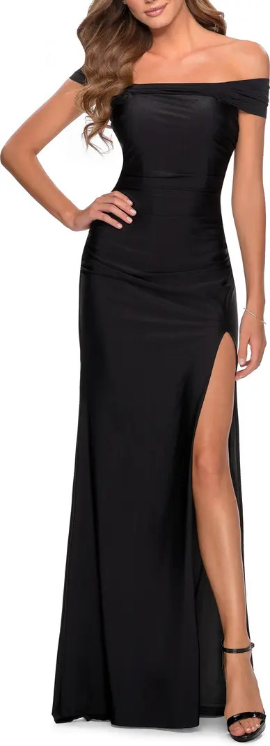 La Femme Off the Shoulder Dress with Tie Back and Slit | Nordstrom | Nordstrom