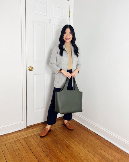 Gray sweater blazer
Beige top (XS)
Navy pants (4P)
Olive green tote bag
Cuyana System tote
Brown loafers (TTS)
Business casual outfit
Smart casual outfit
Work outfit
Ann Taylor outfit

#LTKstyletip #LTKworkwear #LTKfindsunder100