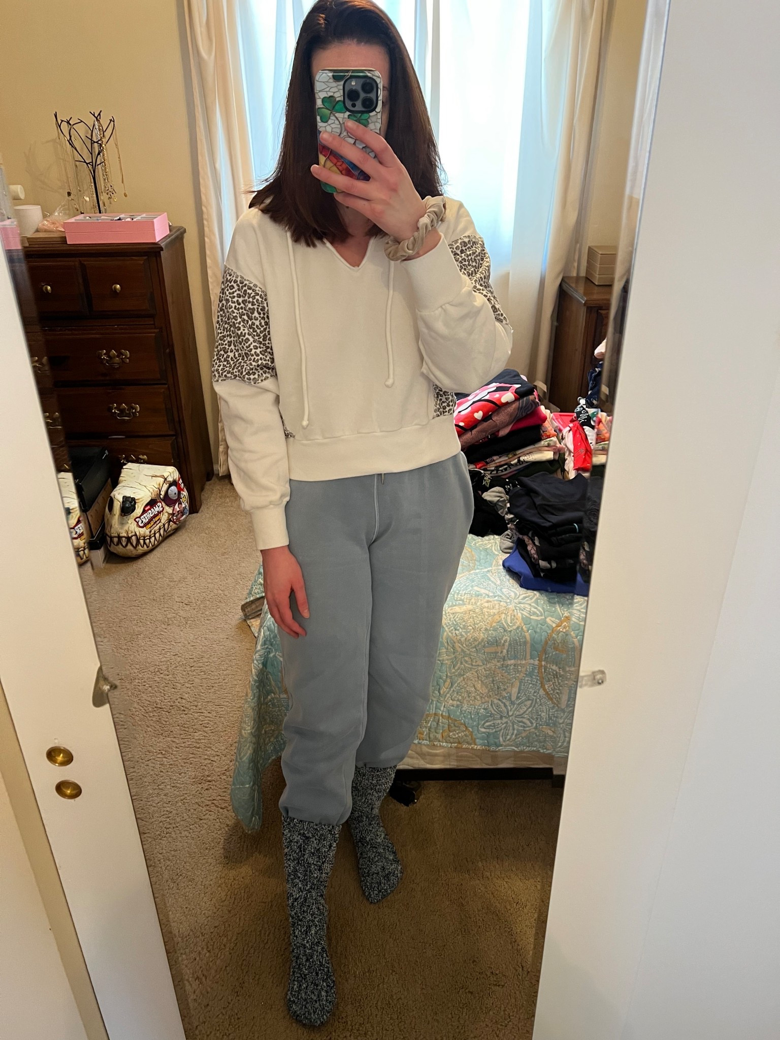 Cream and leopard sweatshirt (small). Blue sweatpants (small). Blue fuzzy socks (s/m). #sweatshirt #leopardsweatshirt #creamsweatshirt #sweatpants #bluesweatpants #joggers #socks #fuzzysocks #bluefuzzysocks #casualoutfit 

#LTKootd #LTKSeasonal