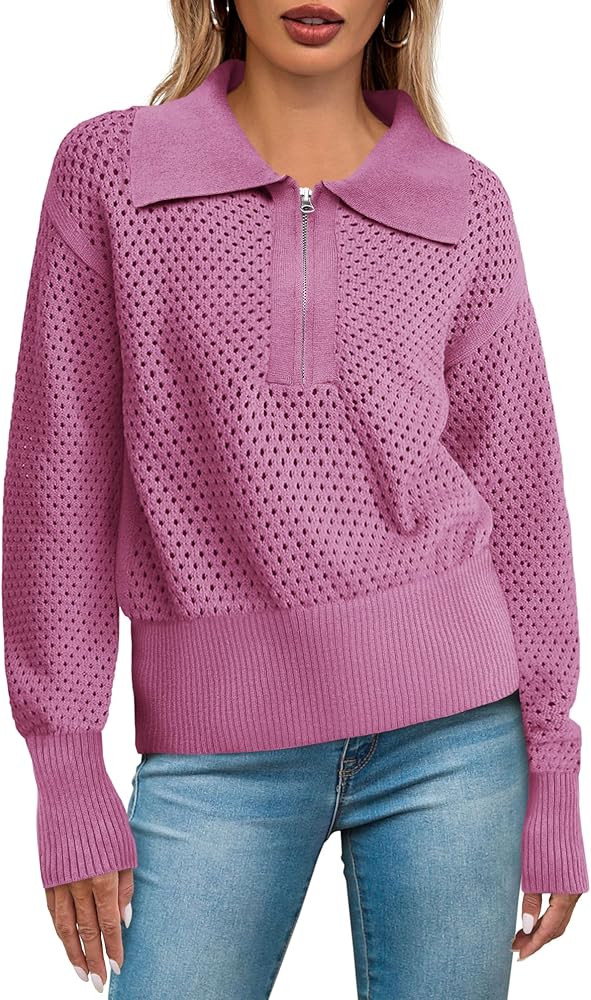 Women's Half Zip Pullover Sweaters Crochet Lapel Collar Long Sleeve Knit Solid Color Jumper Tops | Amazon (US)