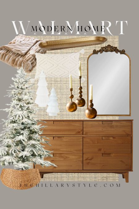 Walmart Modern Home: home decor and furniture finds for the modern holiday homes at Walmart. Six drawer wood dresser, neutral area rug., flocked tree, Christmas tree, rattan tree collar, gold arched mirror, faux fur throw blanket, accent pillow, brass tray, white ceramic trees, brass candle holders.

#LTKhome #LTKSeasonal #LTKHoliday