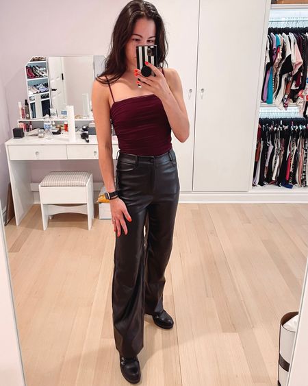 Maroon ruched cropped tank from express on sale. Paired with high waisted faux leather pants for a fall look. 

#LTKunder50 #LTKSeasonal #LTKsalealert