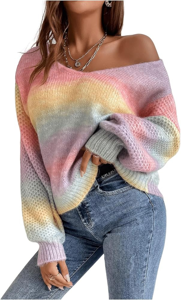 GORGLITTER Women's Oversized Rainbow Colorful Sweater Cute Chunky Long Sleeve Fall Striped Knit T... | Amazon (US)