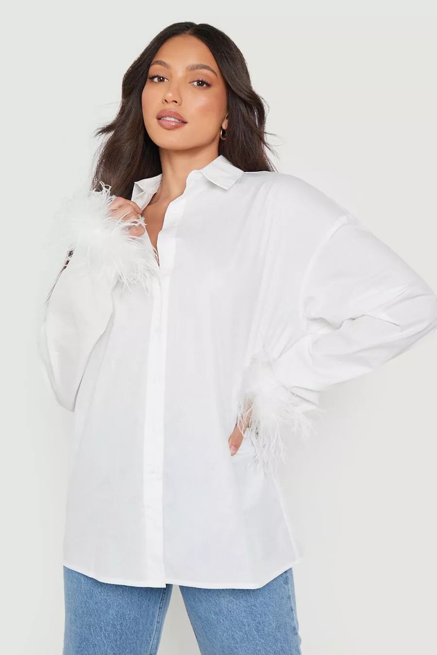 White Tall Poplin Feather Trim Shirt | Boohoo.com (UK & IE)