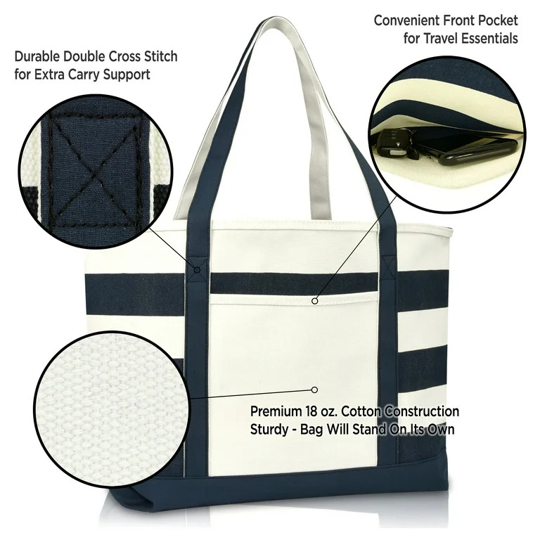DALIX Striped Boat Bag Premium Cotton Canvas Tote in Navy Blue | Walmart (US)