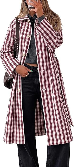 Tankaneo Womens Plaid Trench Coat Button Down Windproof Overcoat with Belt | Amazon (US)