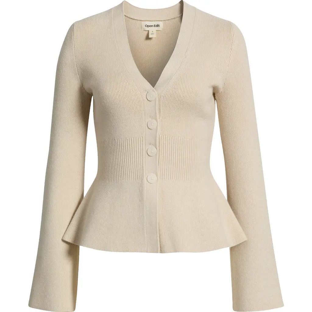 Open Edit Softluxe Ribbed Waist Cardigan in Beige Oatmeal Light Heather at Nordstrom, Size Large | Nordstrom