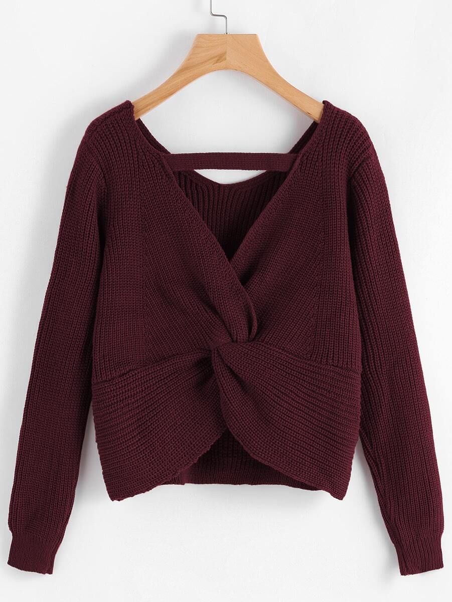 Twist Back Crop Chunky Knit Sweater | SHEIN