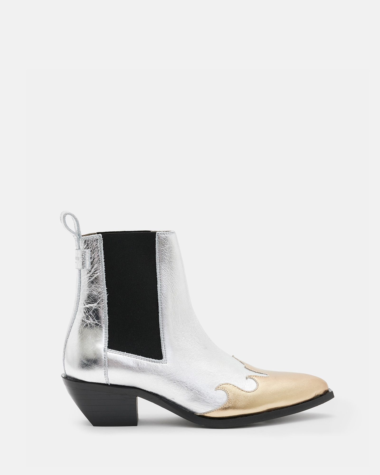 Dellaware Pointed Leather Western Boots Silver/Gold | ALLSAINTS | AllSaints UK