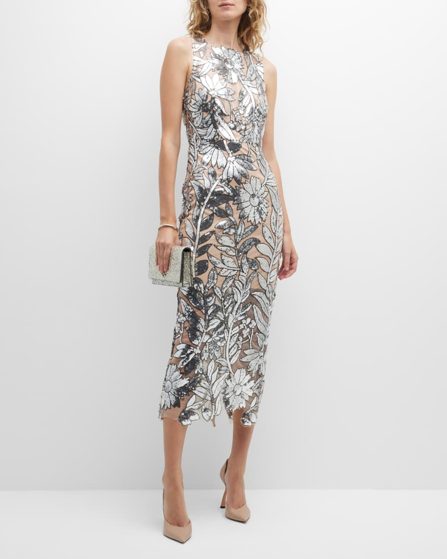 Milly Kinsley Floral Sequin Lace Midi Dress | Neiman Marcus
