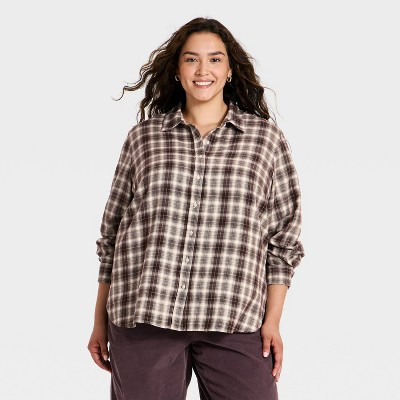 Women's Long Sleeve Relaxed Fit Flannel Button-Down Shirt - Universal Thread™ Brown 2X | Target