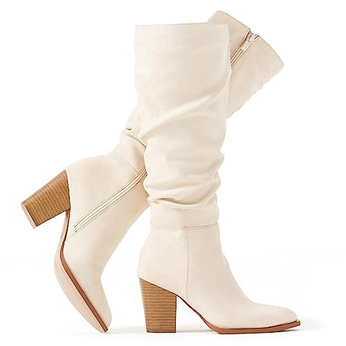 Putu Women's Pointed Toe Knee High Boots Faux Suede Slouch Boots with Chunky Heel Beige 5.5 | Amazon (US)