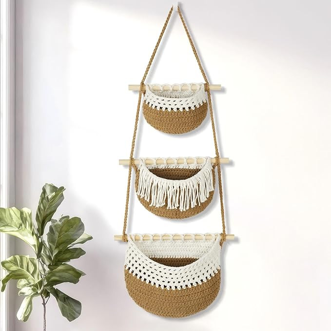 GLDFI Boho Style Handwoven Rope Hanging Basket - 3-Tier Detachable Storage Organizer for Kitchen/... | Amazon (US)
