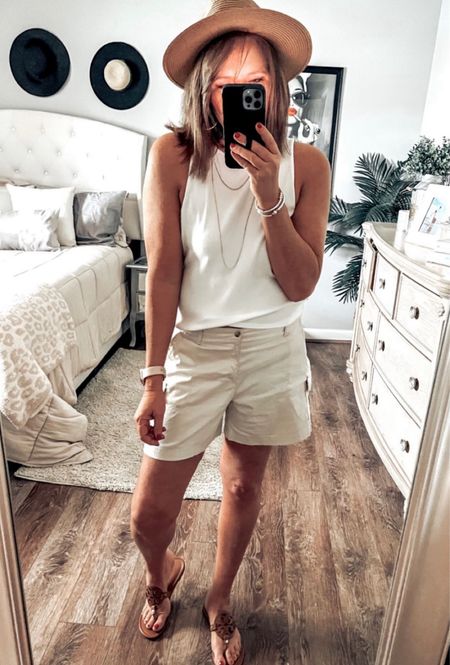 Racerback tank styled with Lee utility shorts, Tory Burch Miller sandals and straw hat. 

Casual spring summer outfit, shorts, tanks, sale, sandals, weekend outfit, casual outfit 

#LTKunder50 

#LTKfindsunder50 #LTKstyletip #LTKsalealert