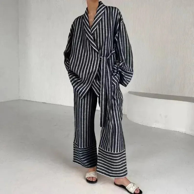 Striped Two-piece Trouser Set With Long-sleeved Shirt – Casual & Loungewear - Etsy | Etsy (US)
