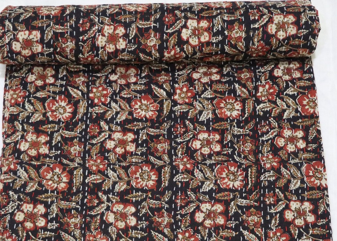Indian Kantha Quilt Queen Cotton Black Red floral quilt Kantha Bedspreads Quilt Blanket Kantha Pa... | Etsy (US)
