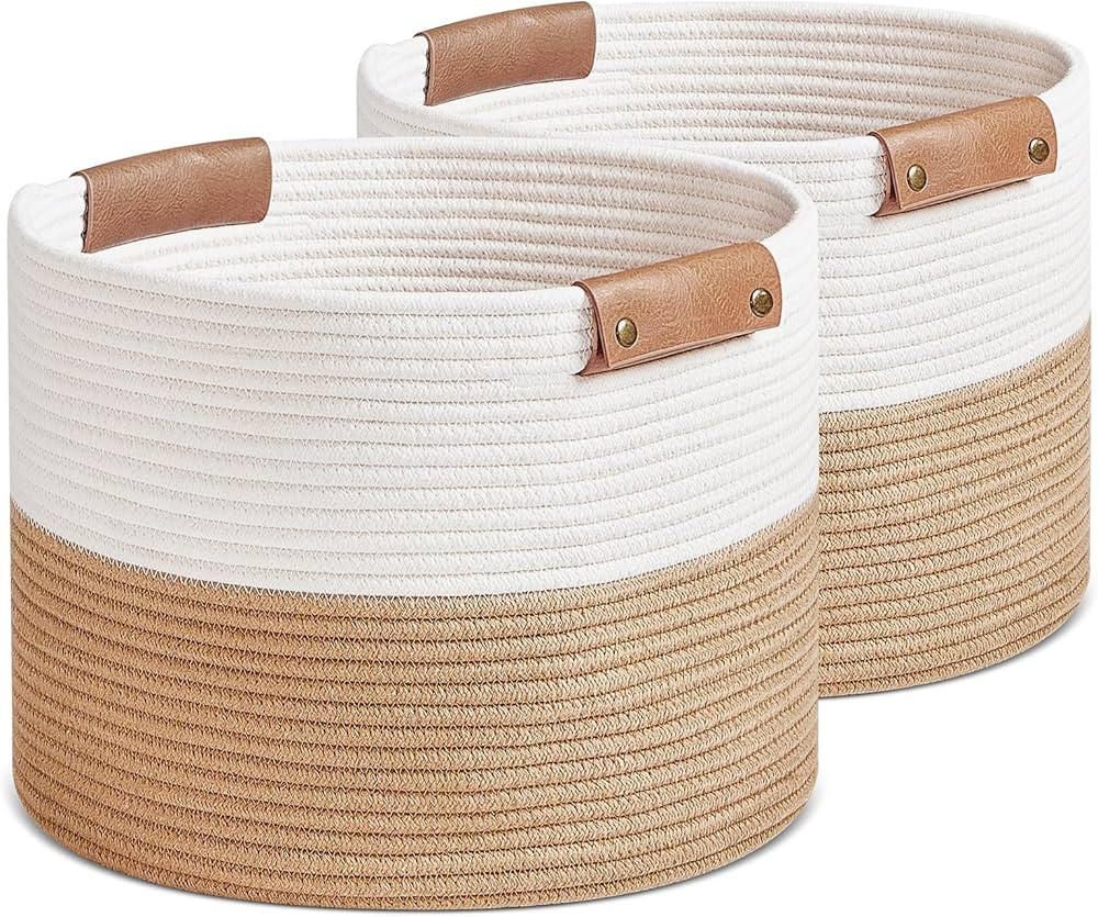 R RUNKA 2 Pack Storage Basket 14" x 11", Soft Woven Shelf Baskets for Storage with Leather Handle... | Amazon (US)