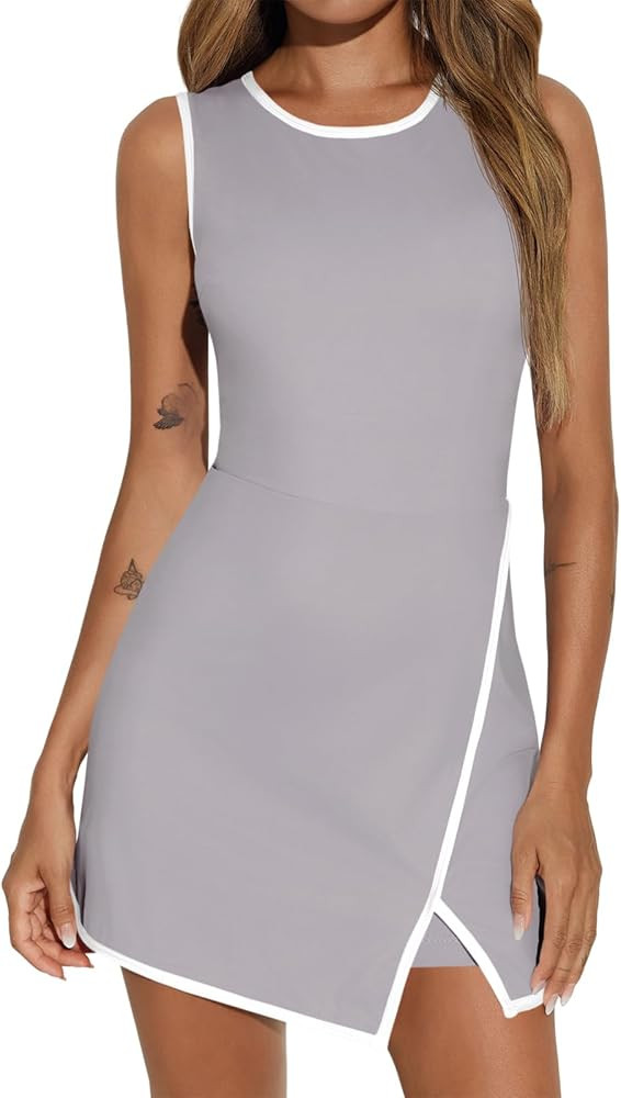 Fisoew Women's Workout Tennis Dress with Built-in Bra & Shorts Pockets Sleeveless Crewneck Golf A... | Amazon (US)