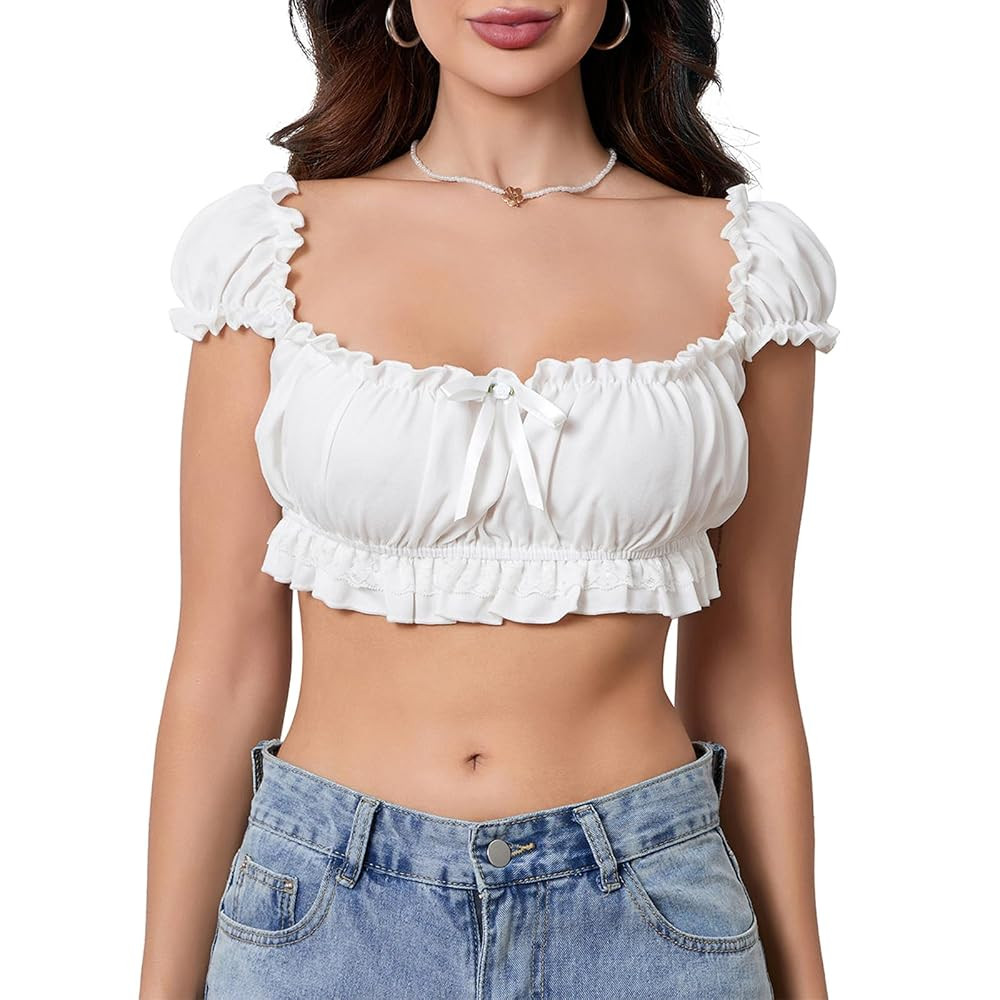 Women's Off Shoulder Ruffle Trim Ruched Crop Top Short Sleeve Solid Plain Slim Fit Tee Tops Bardo... | Amazon (US)