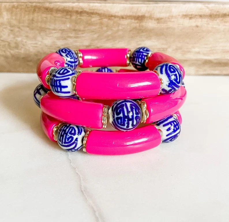 Grand-Millennial Chinoiserie Bracelet, Pink and Blue Bracelet, Chinoiserie Bracelet, Summer OOTD | Etsy (US)