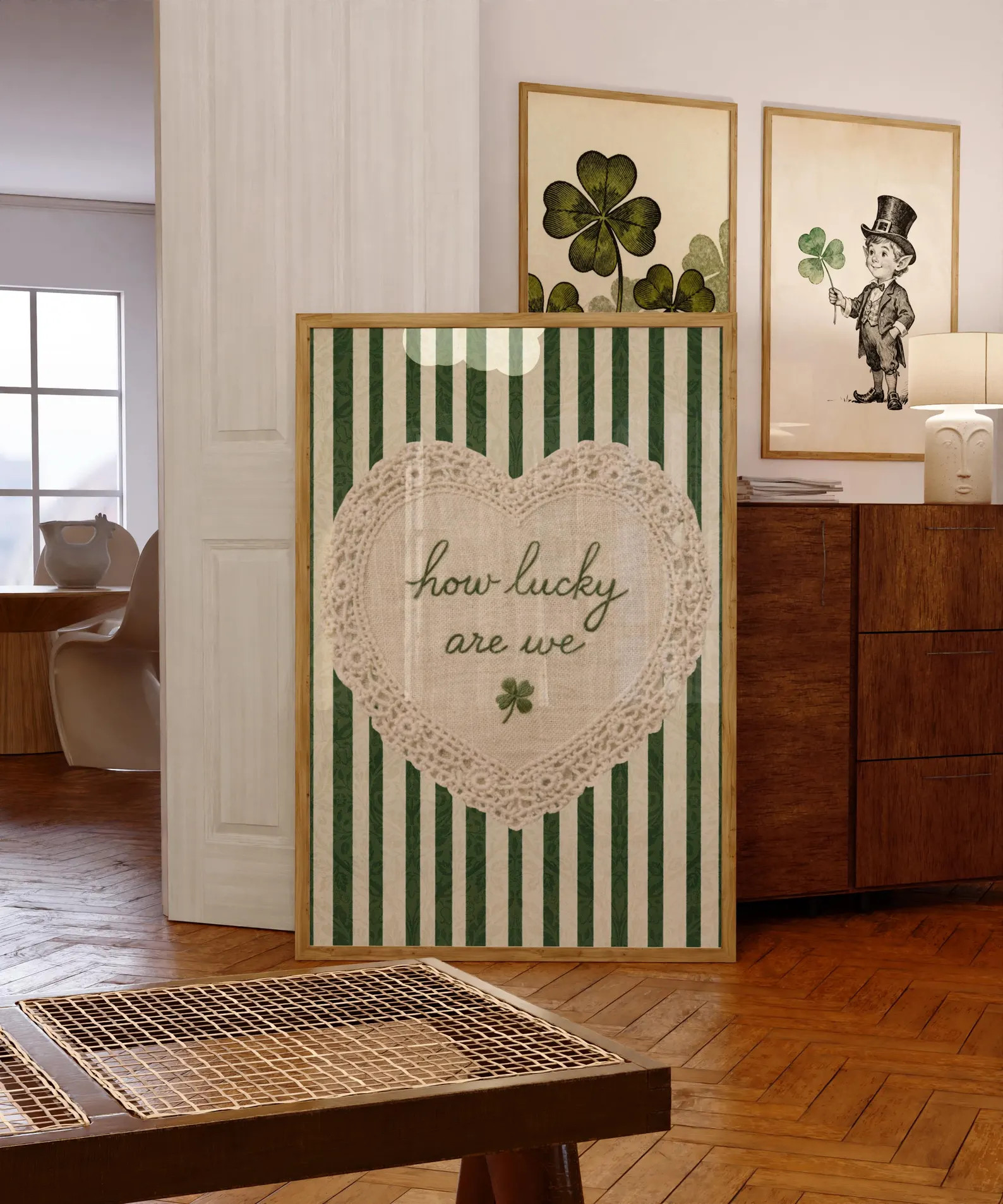 How Lucky Are We Wall Art, St Patrick’s Day Decor, Vintage Lace Heart Print, Green Striped Cott... | Etsy (US)