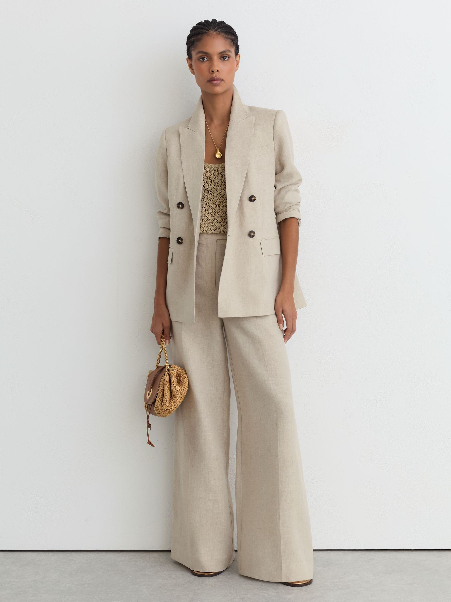 Reiss Linen Double-Breasted Suit Blazer in Neutral - REISS | Reiss UK