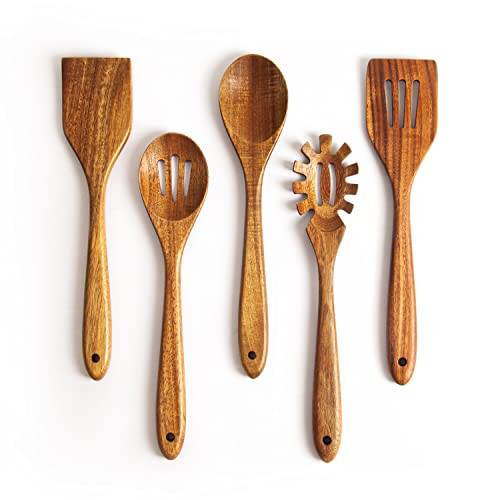 KITEISCAT Acacia Wooden Spoons for Cooking: 5-Piece Kitchen & Cooking Utensils Set - Wooden Spatula, Slotted & Pasta Spoon - Essential Wooden Utensil Set | Amazon (US)
