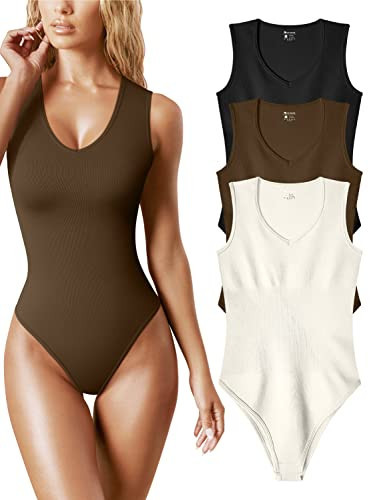 OQQ Women's 3 Piece Bodysuits Sexy Ribbed V Neck Sleeveless Tank Tops Bodysuits Black Coffee Beige | Amazon (US)