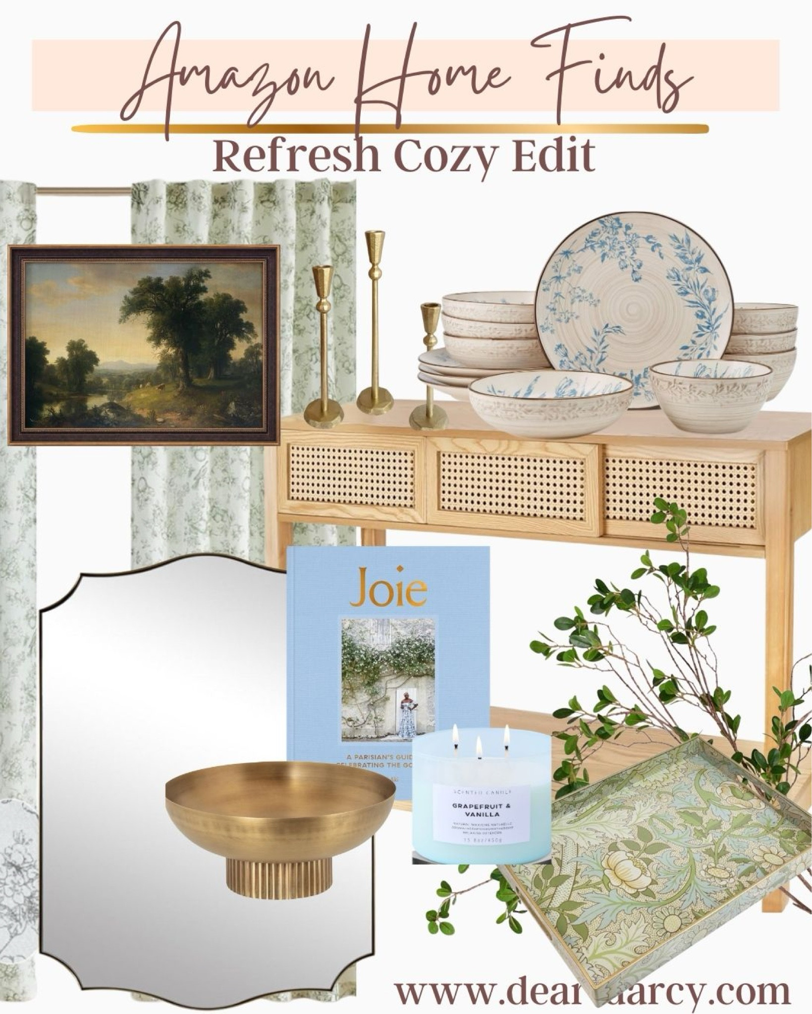Amazon Home finds
Refresh cozy edit

Soft shade of greens and powder blue
Touches of gold and cane 

Curtains 
Art work
Side table
Dish set
Coffee table book
Sold plant 
Mirror gold bow
Serving try/design element 
Candle

#LTKGiftGuide #LTKSaleAlert #LTKHome