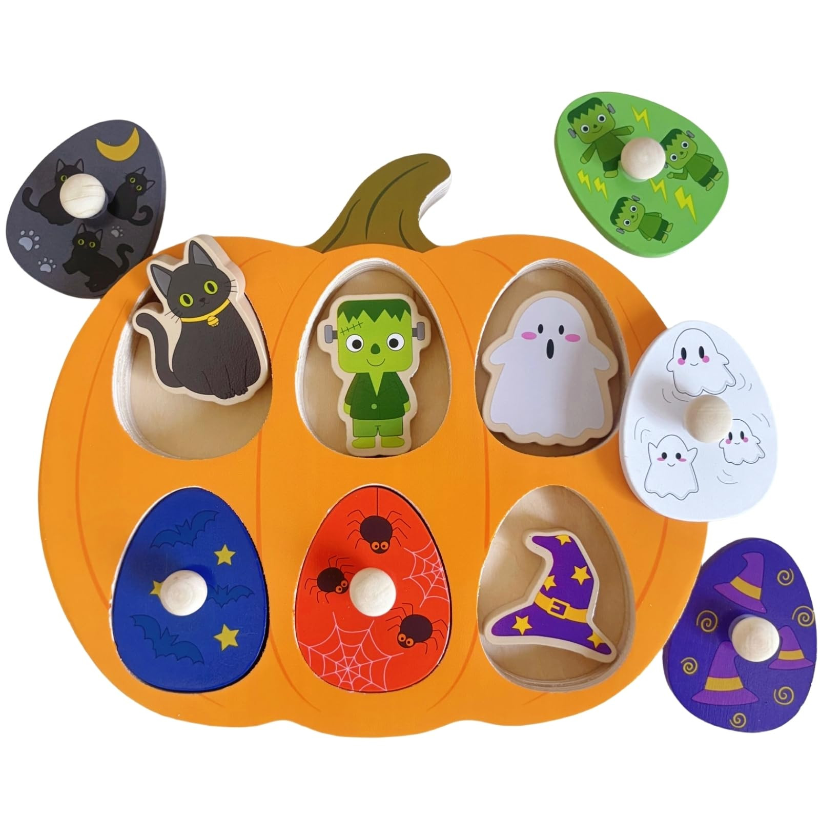 Halloween Pumpkin Wooden Peg Puzzle for Toddlers, 6 Colors & Shape Matching Pieces, Montessori Ed... | Amazon (US)