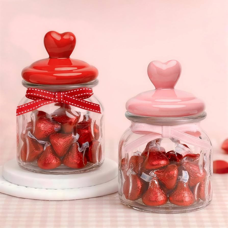 Valentines Day Glass Jar Decorations - 2 PCS Ceramic Heart Lid Glass Candy Jars (30oz) for Valent... | Amazon (US)