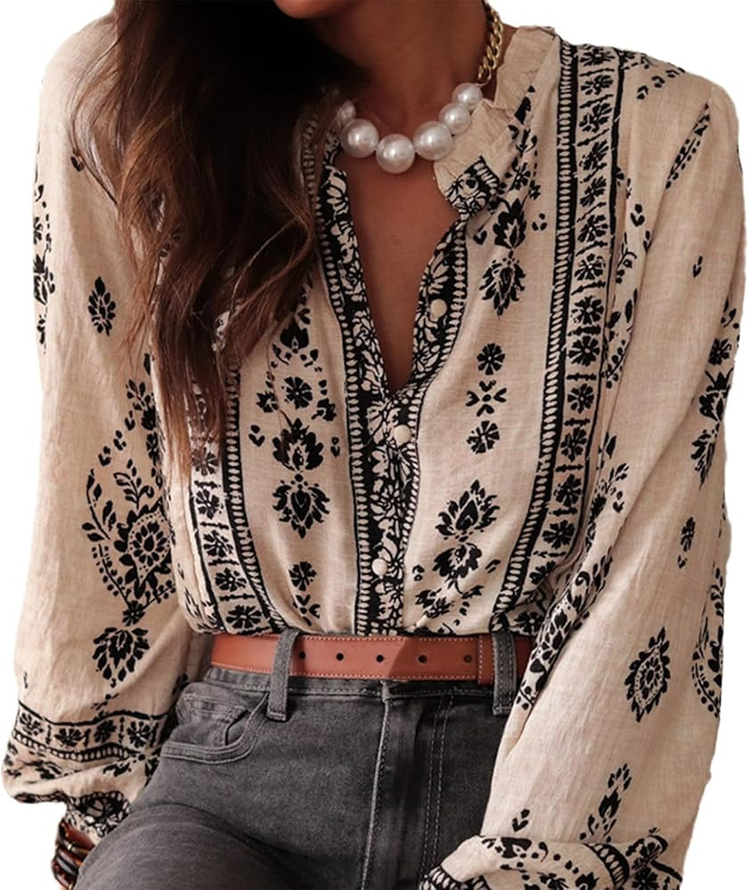 Womens Long Sleeve Button Down Cotton Linen Shirt Western Cowgirl Vintage Elegant Boho Floral Pri... | Amazon (US)
