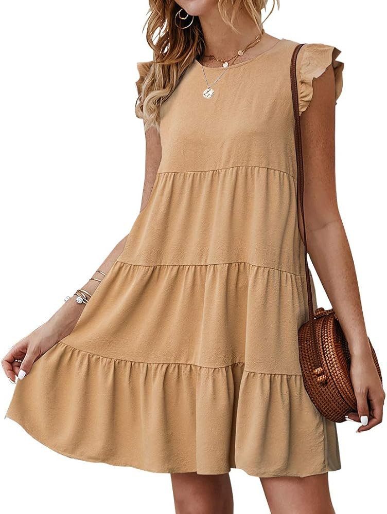 KIRUNDO Women’s Summer Dress Sleeveless Ruffle Sleeve Round Neck Mini Dress Solid Color Loose Fit Sh | Amazon (US)