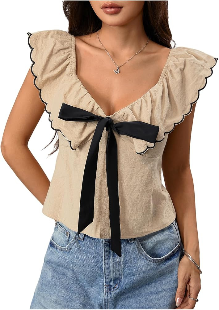 MakeMeChic Women's Bow Tie Front Sweetheart Blouse Ruffle Cap Sleeve Dressy Crop Tops | Amazon (US)