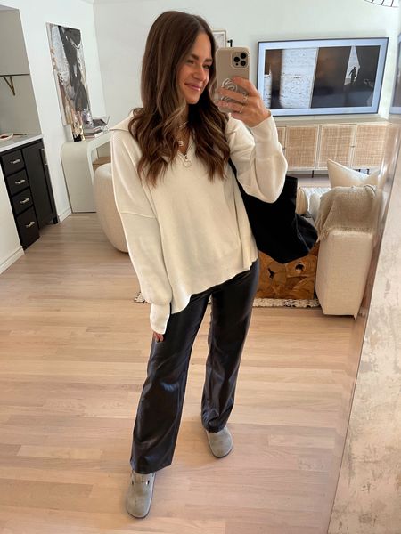 Styling my vegan leather straight pants with this amazon pullover that is a great Varley look for less. Pants fit TTS (I got the regular length) & I’m in a S pullover for a relaxed fit. Birks fit TTS. 

#LTKstyletip #LTKSeasonal